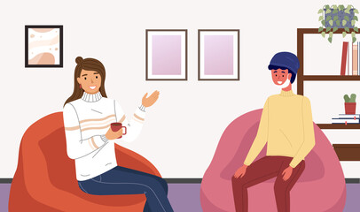 People are sitting on the bag chairs and communicating. Girl and guy are drinking coffee and talking. Male character in protective mask looking at woman, safe conversation during quarantine