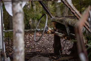 Old cars in wild nature on the car cemetery of Kyrkö Mossei in Sweden
