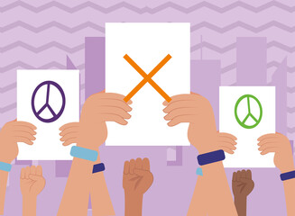 Protest hands holding paper with cross love and peace circle vector design