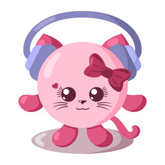 Funny cute kawaii cat with headphones and round body in flat design with shadows. Isolated animal vector illustration