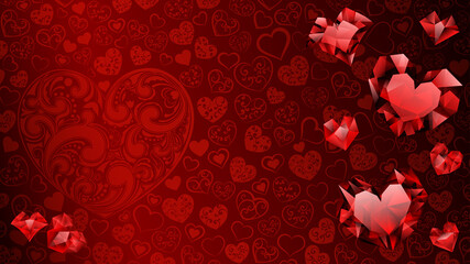 Background of big, small and several crystal hearts in red colors. Illustration on Valentine Day