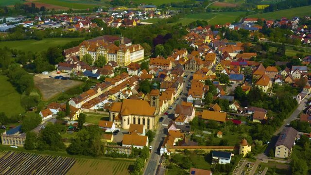 Aerial view of the village and monastery Ellingen in Germany, Bavaria on a sunny spring day