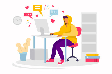Young man works at home remotely. Online career. Freelancer, blogger. Vector illustration. Internet communication, likes and posts.