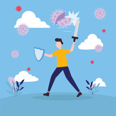 covid 19 virus fight and man with shield and sword at park vector design