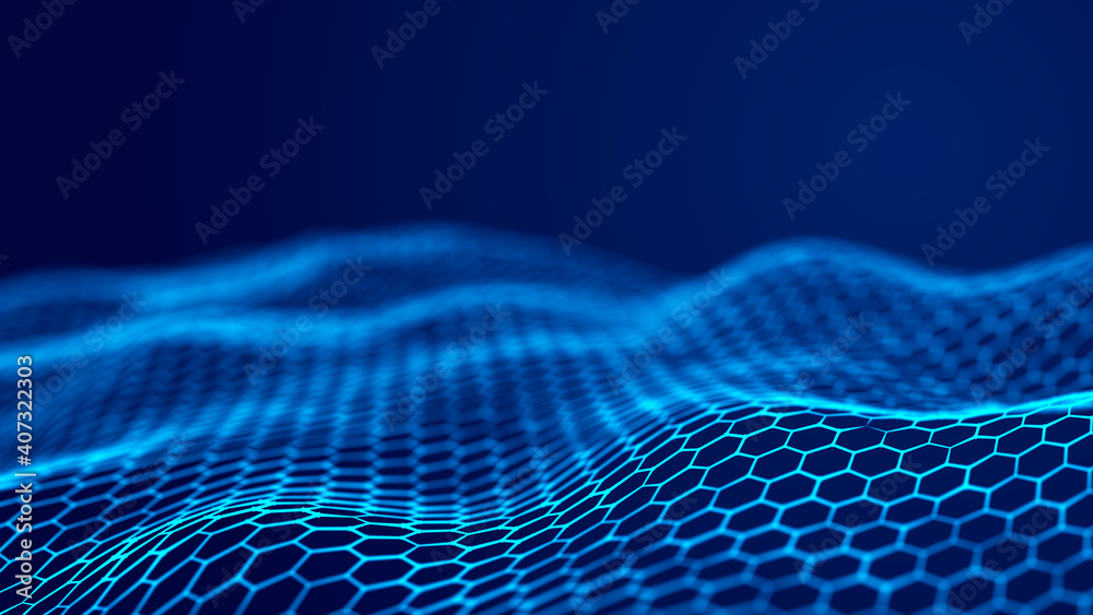 Poster Abstract technology stream background. Digital dynamic wave. Network connection structure. 3D rendering.