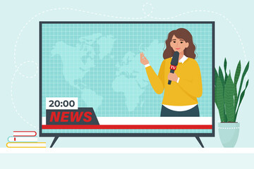 Tv media news. Female journalist with a microphone in theTV video. Vector illustration in flat style