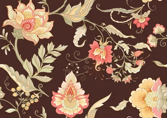 Wall murals Brown Seamless pattern with stylized ornamental flowers in retro, vintage style. Jacobin embroidery. Colored vector illustration on chocolade brown background.