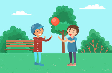 Boys play with a ball while walking on the street. Children spend time outdoors vector illustration. Guys raise their hands to throw and hit the red ball. Friends playing together in the park