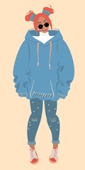 Happy girl wearing an oversize hoodie and jeans. Cute smiling girl in sunglasses standing isolated. Look of the day. Trendy hand-drawn vector flat cartoon illustration.