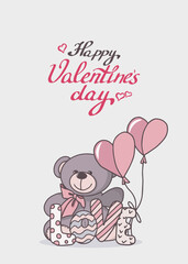 Vector hand-drawn illustration of a cute teddy bear. Greeting card for Valentines day, birthday, holiday.