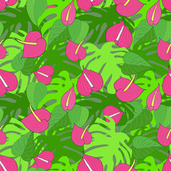 Monstera leaves seamless pattern red anturium. Jungle botany green background for web, for print, for wallpaper