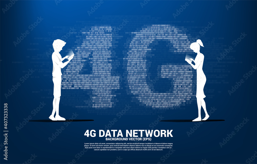 Poster Silhouette of man and woman use mobile phone with 4G mobile networking with one and zero binary code digit matrix style. Concept for mobile sim card technology and network.