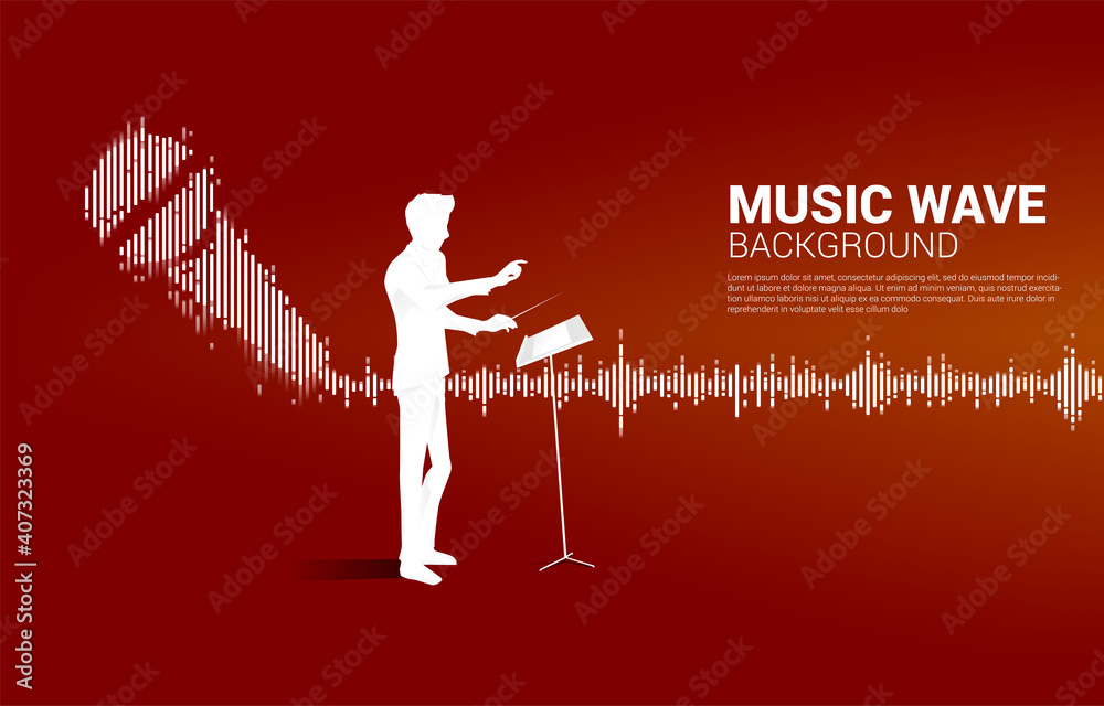 Poster vector silhouette of conductor with sound wave microphone icon equalizer background.concept of podca