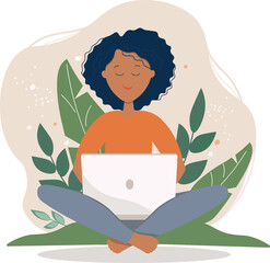 A young African-American girl sits in a lotus position with a laptop on a background of natural leaves. Vector graphics