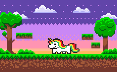 Pixel unicorn pixel game character vector, horse with colorful hair. 8 bit graphics pixelated personage of gaming process, ground and sky with stars