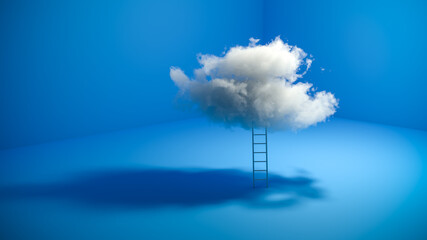 Success concept, job ladder concept: A ladder leaning against a real cloud in a blue room. The sky is the limit. - obrazy, fototapety, plakaty