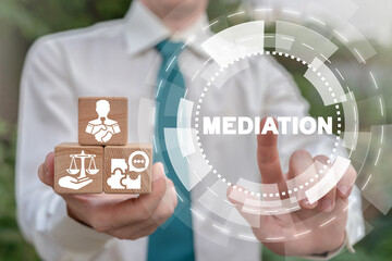 Business deal concept of mediation. Mediator hold wooden cubes with icons and click on mediation word.