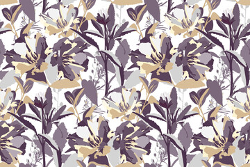 Vector floral seamless pattern. Beige, grey, purple flowers and leaves isolated on a white background. 