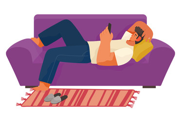 Relax time, young man using phone lying on sofa or couch at home, guy relaxing with smartphone rest on pillow, person wasting time in internet, have recreation, adult chatting with friends online