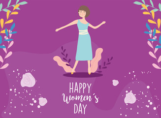 Happy womens day girl cartoon with leaves vector design