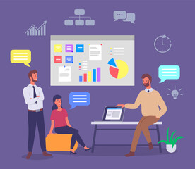 Colleagues working, teamwork process, office workers sitting working at project, plan, looking at board with statistics, discussing presentation with charts, graphic, brainstorming, analysing strategy