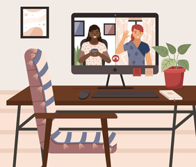 Friends talking to each other via video call, online conference. Girls on the computer screen, communication with a colleague via webcam, telecommunication, online courses and virtual meeting