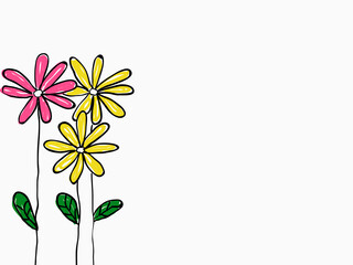 simple colourful childish hand drawing lines yellow and pink flowers on white for background, texture, wallpaper, banner, label etc. with copy space. vector design.
