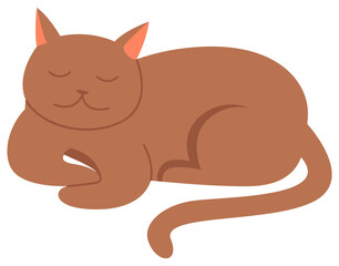 Cute cartoon kitty with ginger colored fur lies with closed eyes, nice pet vector illustration on white background. Pet cat shorthair home kitten is slipping, domestic animal with mustache and tail