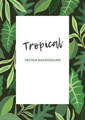 Dark tropical vector vertical template with leaves of exotic plants 