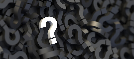 White question mark on a background of black signs. 3D Rendering