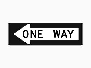 isolated road sign, one way, left white arrow symbol with black text and thin line stroke on white background, simple flat vector design.