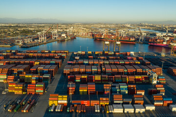 Aerial view of cargo containers in Long Beach port California USA - obrazy, fototapety, plakaty
