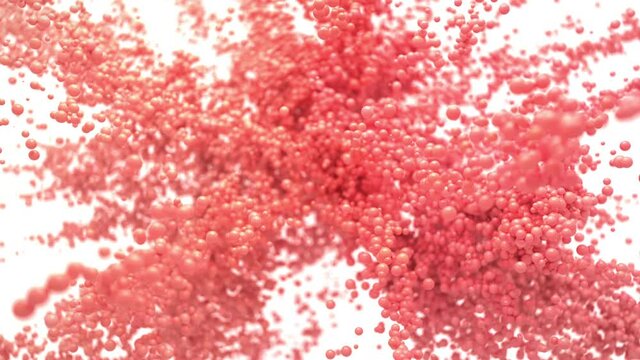 Bubble Burst - red colored foaming balls balloons explosion. Coral color foam spheres in slow motion macro isolated on white. Alpha channel 60 fps 4k