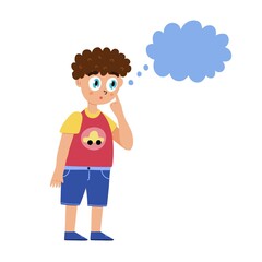 Cute curious boy is thinking. Little kid surprised with speech bubble isolated element. Clipart for baby and children design. Vector illustration