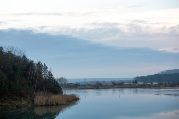 Sunset near the industrial lake