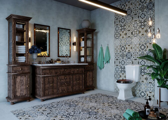 Bathroom design with furniture and ceramic floor, 3d render