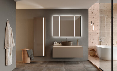 Naklejka na ściany i meble Bathroom interior with furniture and shower, 3d render