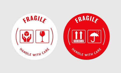 Vector illustration of Fragile, Handle with Care or Package Label stickers set. Red and white colour set. Circular shape banner style