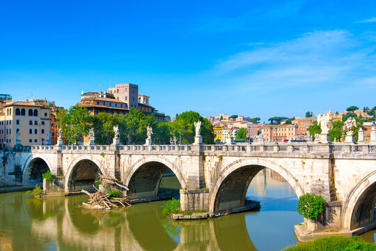 Saint Angel bridge (Ponte Sant'Angelo) on Tiber river, Rome, Italy.