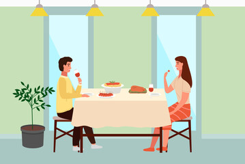 Couple is traditional eating italian food. Characters in a relationship have dinner on a date at a restaurant. Interior layout of restaurant in italian style. Table with pasta and meat steak
