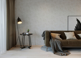 Living interior with sofa, lamp and coffee table, 3d render