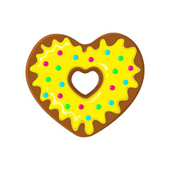 Heart shaped donut with yellow sugar icing and colorful candies decoration. Sweet dessert for Valentines day. Vector cartoon illustration.