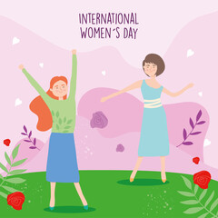 International womens day girls cartoons with leaves vector design