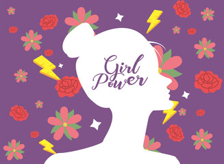 Girl power woman silhouette and flowers vector design