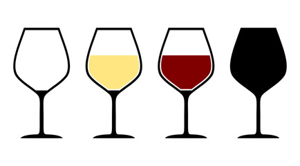 Set of Wine Glass Icons including Empty Glass, Glasses with White and Red Wine and Silhouette. Vector Image.
