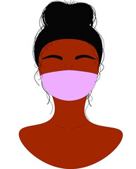 Beautiful portrait, face, bust of an African American woman with a tied beam on her head wearing a protective pink mask during a pandemic.Vector