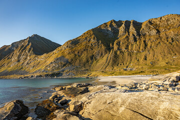 Sunset at Haukland beach on the lofoten islands in Norway