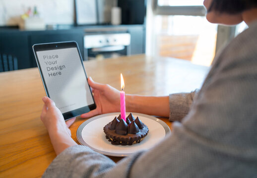Tablet User Celebrating Birthday Mockup