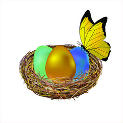 Three Easter eggs in a nest isolated on white background. Vector image. Yellow butterfly sitting on an egg.
