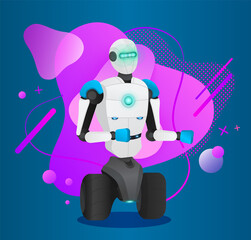 Futuristic robot with wheels and hands, sensors. Artificial intelligence. Innovative humanized model of robot. Android at pink abstract background with dotes, lines, circles. Cybernetic science